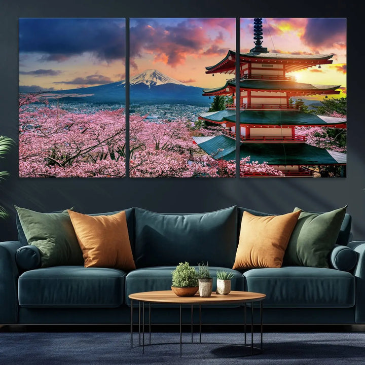 Cherry Blossoms Canvas Print, Chureito Pagoda & Mount Fuji Wall Art, Japanese Landscape Canvas, Asian Style Home Decor