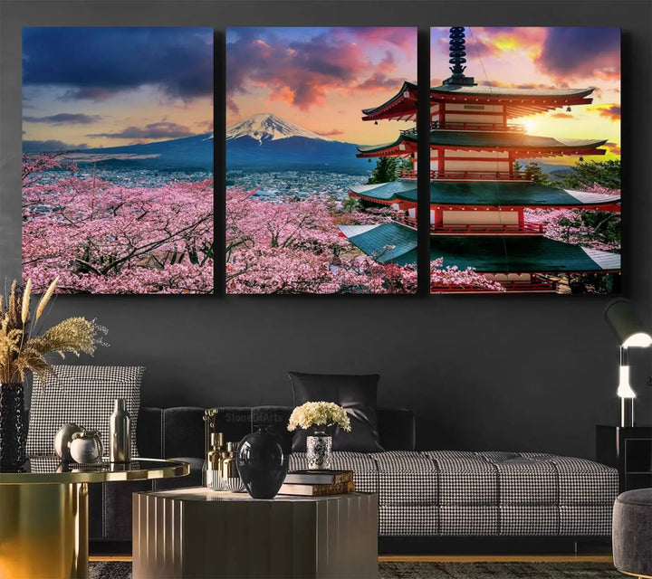 Cherry Blossoms Canvas Print, Chureito Pagoda & Mount Fuji Wall Art, Japanese Landscape Canvas, Asian Style Home Decor