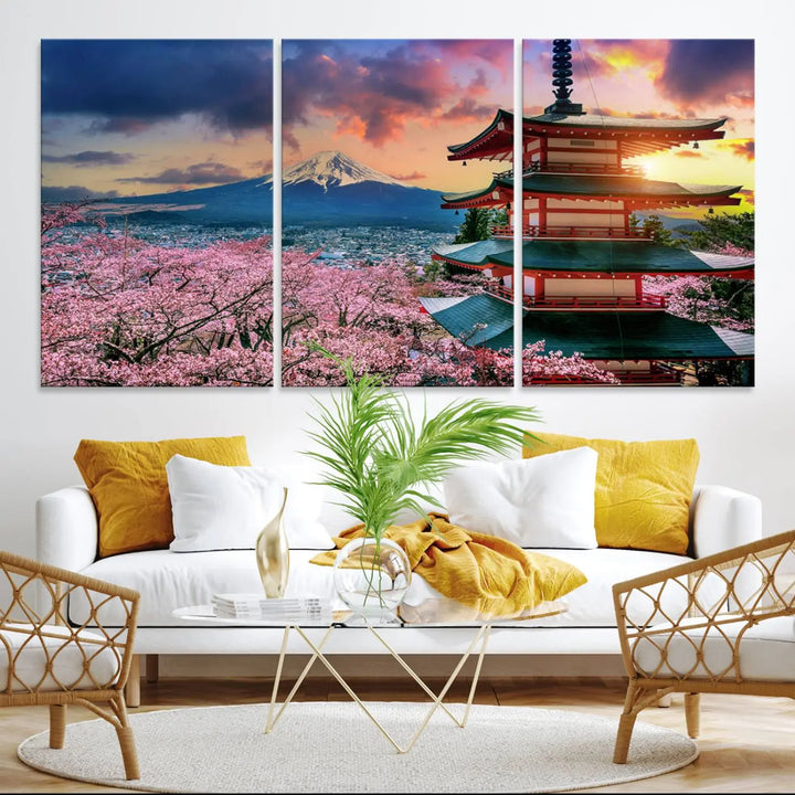 Cherry Blossoms Canvas Print, Chureito Pagoda & Mount Fuji Wall Art, Japanese Landscape Canvas, Asian Style Home Decor