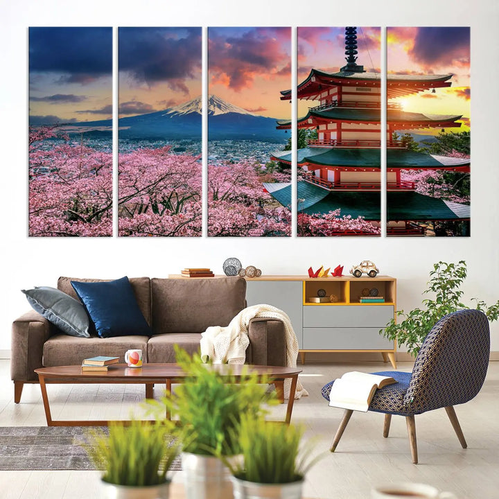 Cherry Blossoms Canvas Print, Chureito Pagoda & Mount Fuji Wall Art, Japanese Landscape Canvas, Asian Style Home Decor