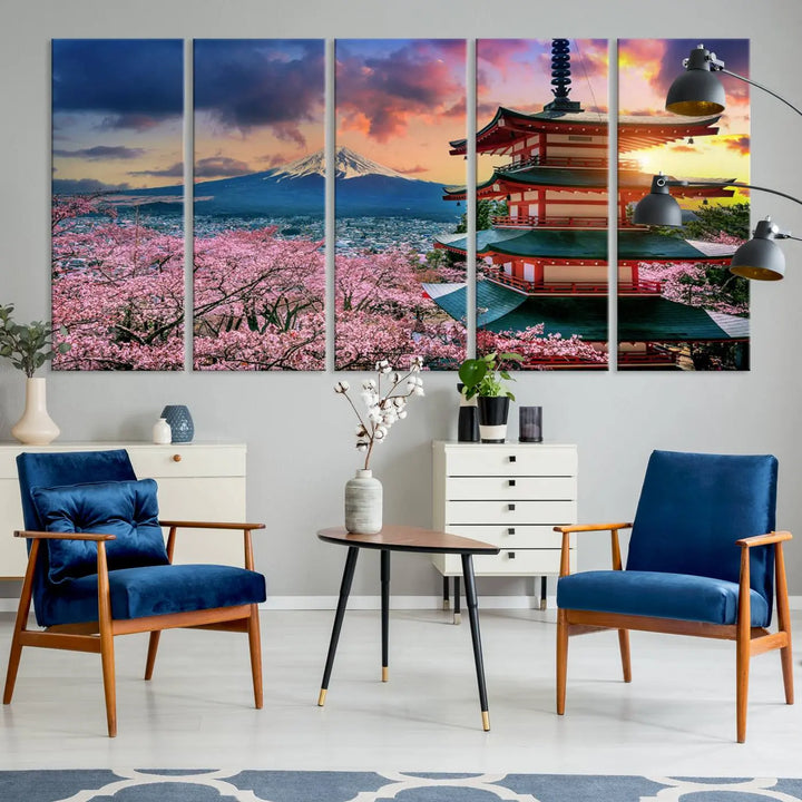 Cherry Blossoms Canvas Print, Chureito Pagoda & Mount Fuji Wall Art, Japanese Landscape Canvas, Asian Style Home Decor