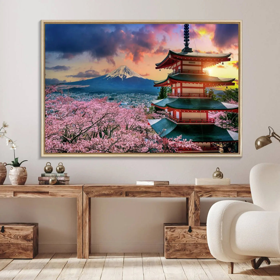 Cherry Blossoms Canvas Print, Chureito Pagoda & Mount Fuji Wall Art, Japanese Landscape Canvas, Asian Style Home Decor