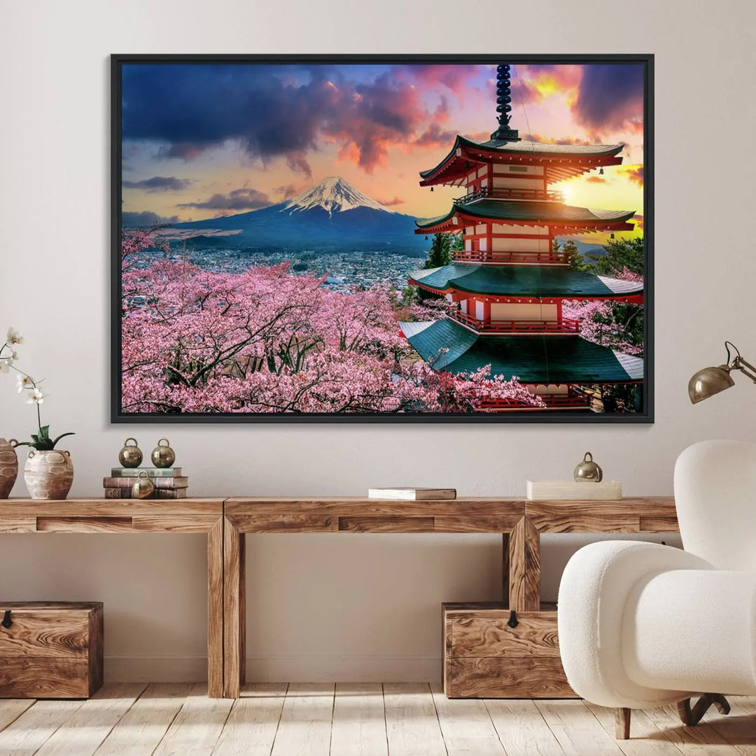 Cherry Blossoms Canvas Print, featuring Chureito Pagoda and Mount Fuji.