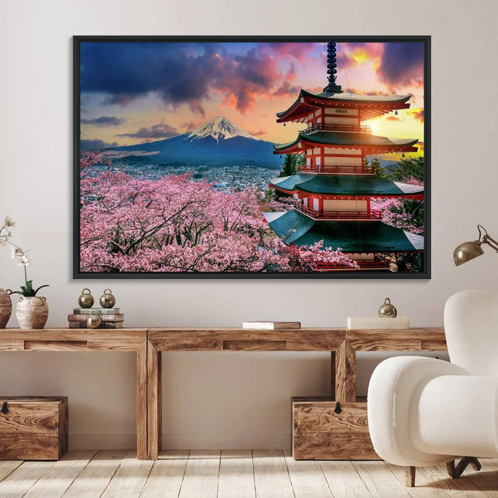 Cherry Blossoms Canvas Print, featuring Chureito Pagoda and Mount Fuji.