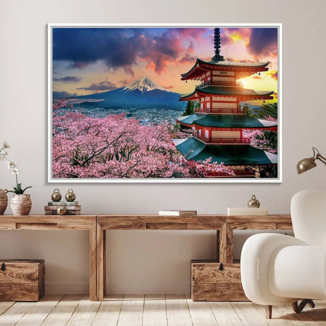 Cherry Blossoms Canvas Print, featuring Chureito Pagoda and Mount Fuji.