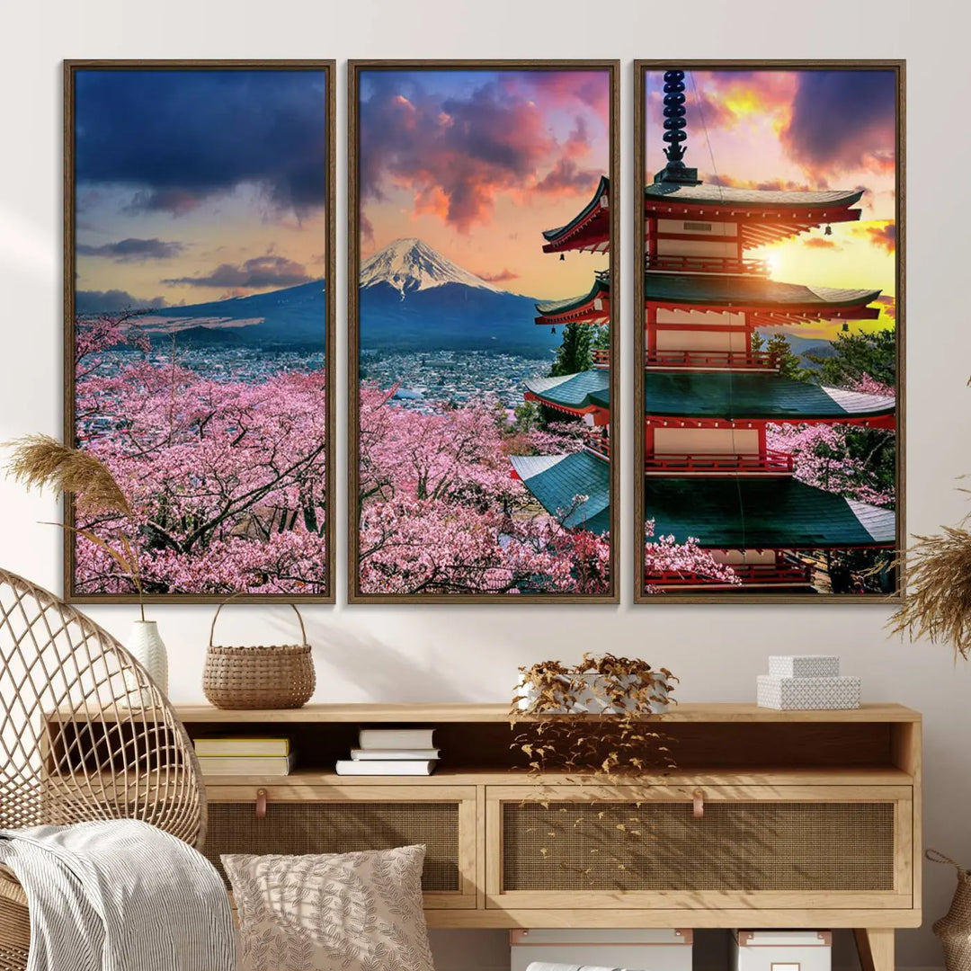 Cherry Blossoms Canvas Print, featuring Chureito Pagoda and Mount Fuji.