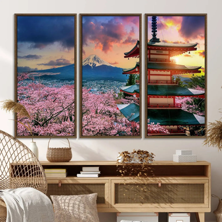 Cherry Blossoms Canvas Print, featuring Chureito Pagoda and Mount Fuji.