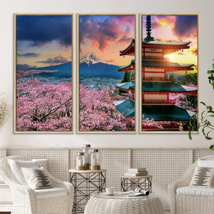 Cherry Blossoms Canvas Print, featuring Chureito Pagoda and Mount Fuji.