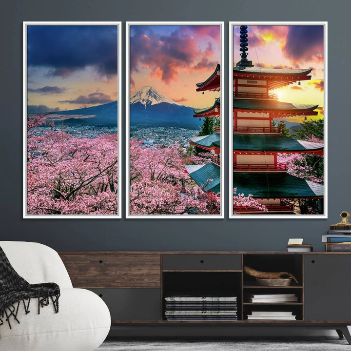 Cherry Blossoms Canvas Print, featuring Chureito Pagoda and Mount Fuji.