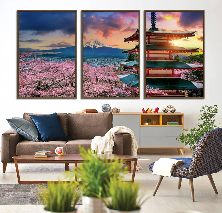 Cherry Blossoms Canvas Print, featuring Chureito Pagoda and Mount Fuji.