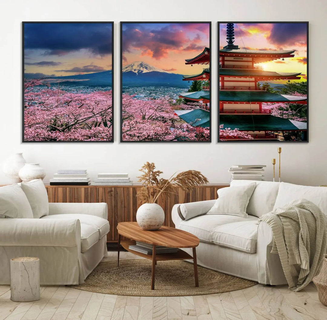 Cherry Blossoms Canvas Print, featuring Chureito Pagoda and Mount Fuji.