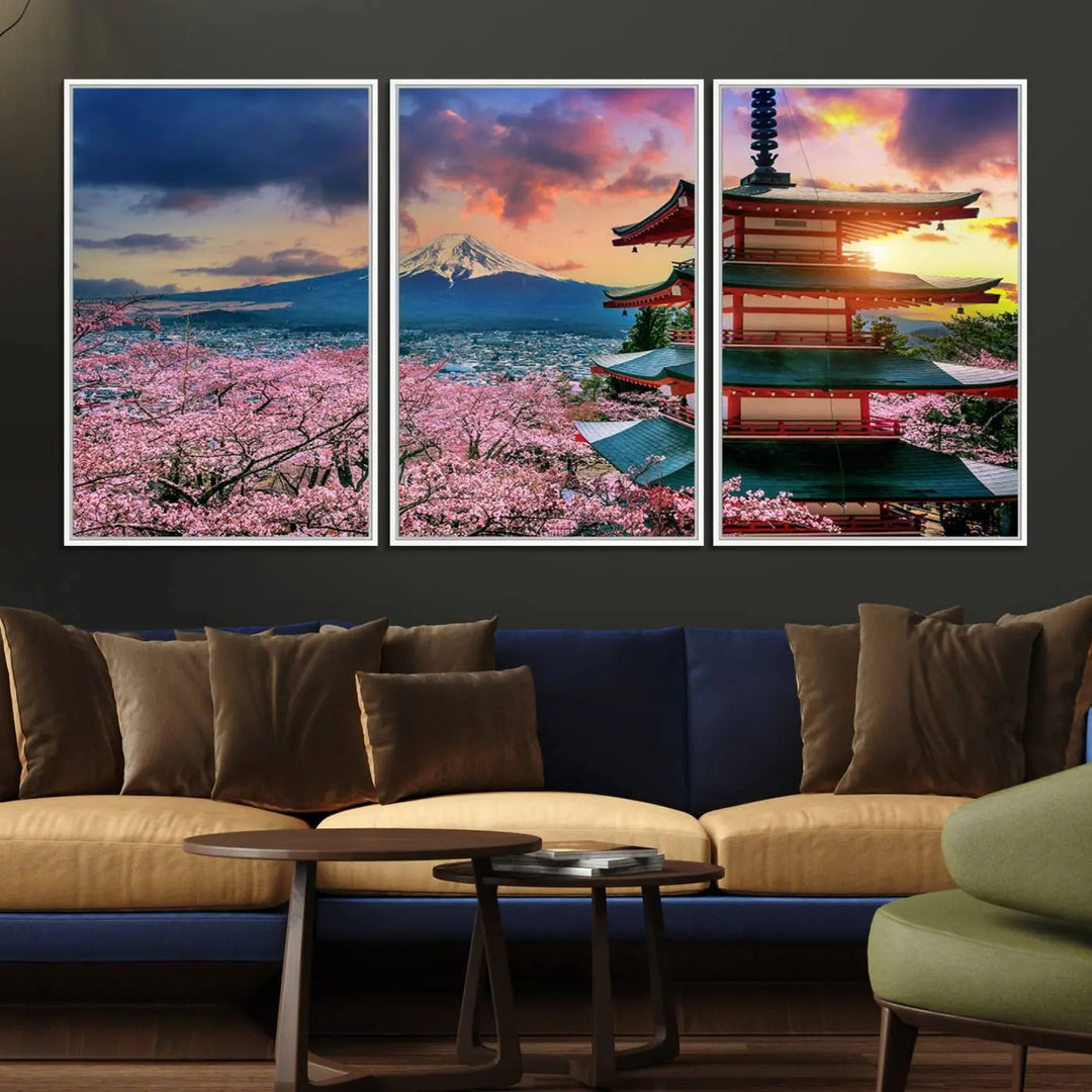 Cherry Blossoms Canvas Print, featuring Chureito Pagoda and Mount Fuji.