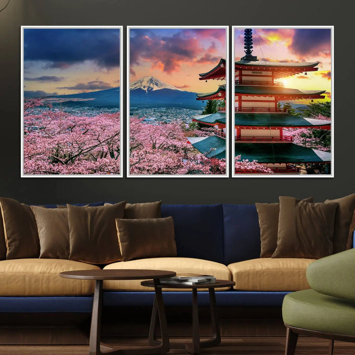Cherry Blossoms Canvas Print, featuring Chureito Pagoda and Mount Fuji.