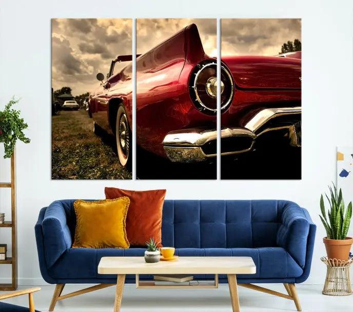 A Chevrolet CarWall Art Canvas Print depicting a classic red car is elegantly displayed, showcasing museum-quality canvas for a premium appeal.