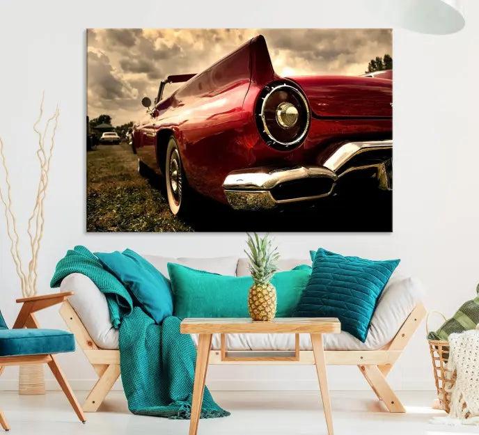 A Chevrolet CarWall Art Canvas Print depicting a classic red car is elegantly displayed, showcasing museum-quality canvas for a premium appeal.