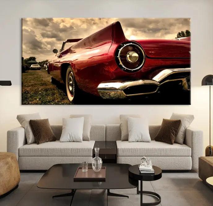 A Chevrolet CarWall Art Canvas Print depicting a classic red car is elegantly displayed, showcasing museum-quality canvas for a premium appeal.