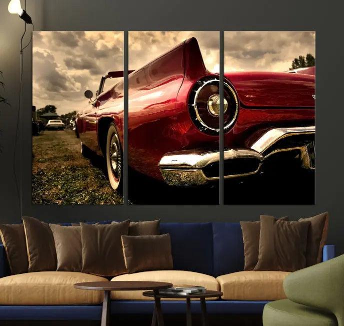 A Chevrolet CarWall Art Canvas Print depicting a classic red car is elegantly displayed, showcasing museum-quality canvas for a premium appeal.