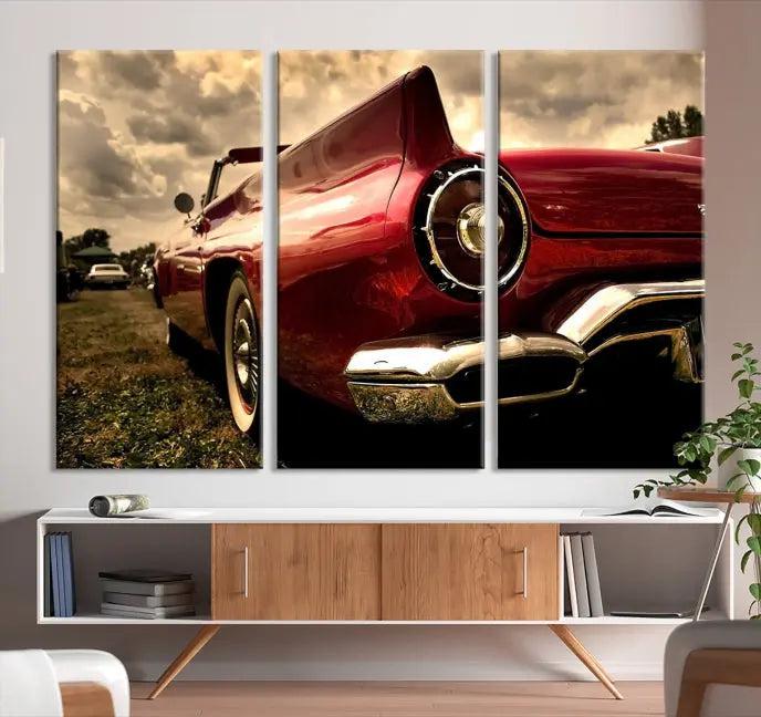 A Chevrolet CarWall Art Canvas Print depicting a classic red car is elegantly displayed, showcasing museum-quality canvas for a premium appeal.