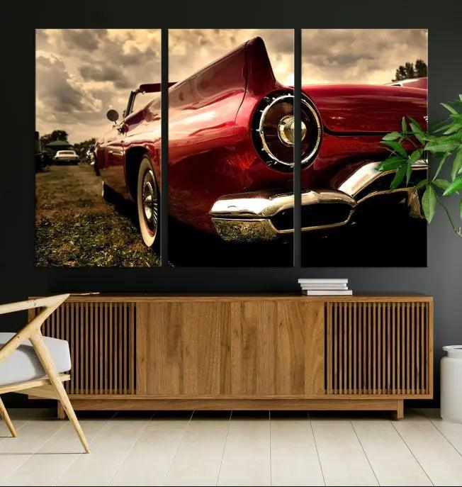 A Chevrolet CarWall Art Canvas Print depicting a classic red car is elegantly displayed, showcasing museum-quality canvas for a premium appeal.