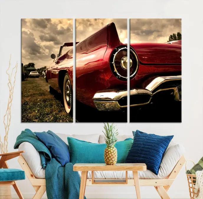 A Chevrolet CarWall Art Canvas Print depicting a classic red car is elegantly displayed, showcasing museum-quality canvas for a premium appeal.