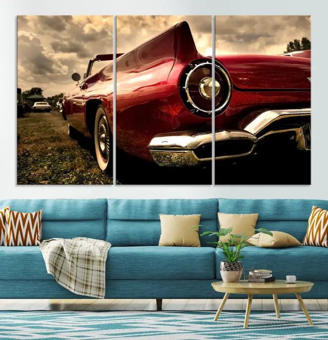 A Chevrolet CarWall Art Canvas Print depicting a classic red car is elegantly displayed, showcasing museum-quality canvas for a premium appeal.