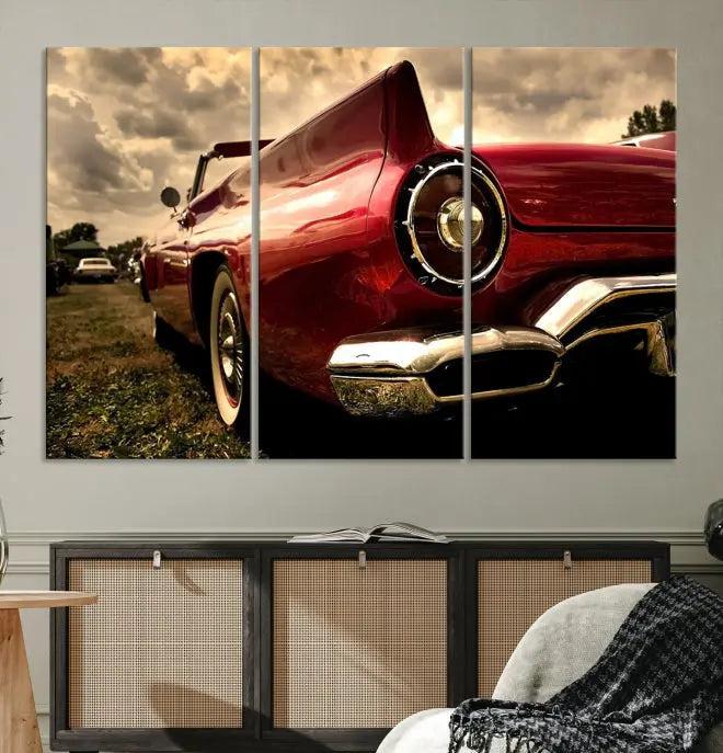 A Chevrolet CarWall Art Canvas Print depicting a classic red car is elegantly displayed, showcasing museum-quality canvas for a premium appeal.