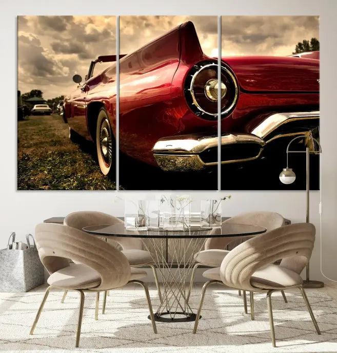 A Chevrolet CarWall Art Canvas Print depicting a classic red car is elegantly displayed, showcasing museum-quality canvas for a premium appeal.