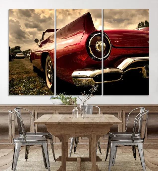 A Chevrolet CarWall Art Canvas Print depicting a classic red car is elegantly displayed, showcasing museum-quality canvas for a premium appeal.