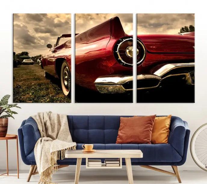 A Chevrolet CarWall Art Canvas Print depicting a classic red car is elegantly displayed, showcasing museum-quality canvas for a premium appeal.