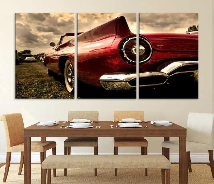 A Chevrolet CarWall Art Canvas Print depicting a classic red car is elegantly displayed, showcasing museum-quality canvas for a premium appeal.