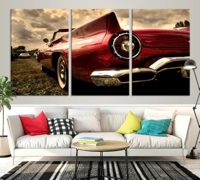 A Chevrolet CarWall Art Canvas Print depicting a classic red car is elegantly displayed, showcasing museum-quality canvas for a premium appeal.