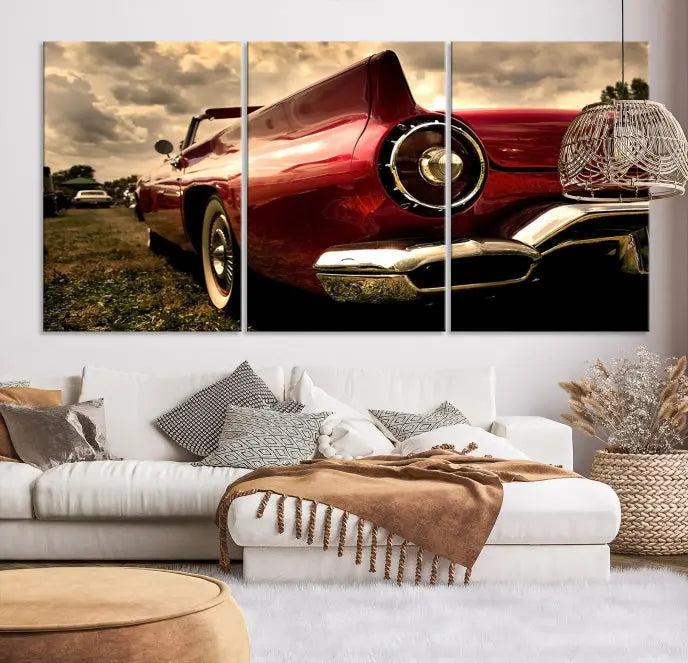 A Chevrolet CarWall Art Canvas Print depicting a classic red car is elegantly displayed, showcasing museum-quality canvas for a premium appeal.