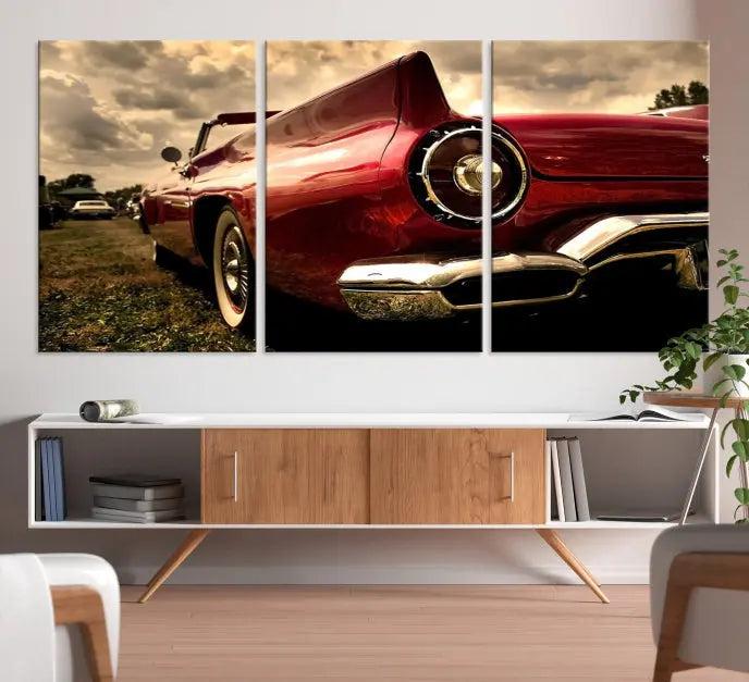 A Chevrolet CarWall Art Canvas Print depicting a classic red car is elegantly displayed, showcasing museum-quality canvas for a premium appeal.