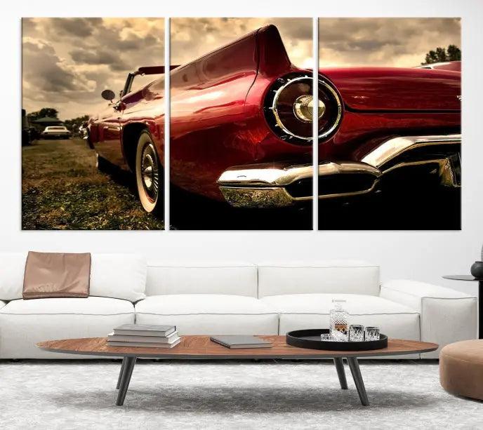 A Chevrolet CarWall Art Canvas Print depicting a classic red car is elegantly displayed, showcasing museum-quality canvas for a premium appeal.