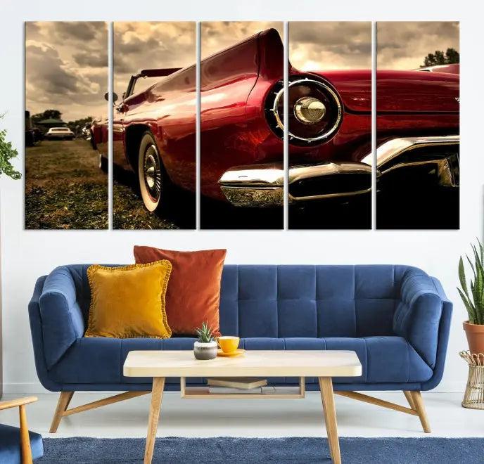 A Chevrolet CarWall Art Canvas Print depicting a classic red car is elegantly displayed, showcasing museum-quality canvas for a premium appeal.