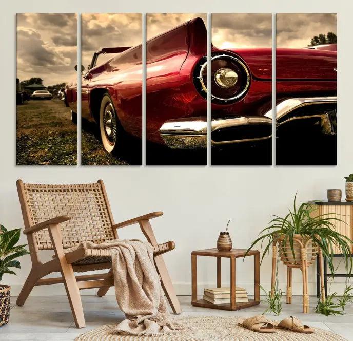 A Chevrolet CarWall Art Canvas Print depicting a classic red car is elegantly displayed, showcasing museum-quality canvas for a premium appeal.