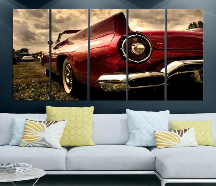 A Chevrolet CarWall Art Canvas Print depicting a classic red car is elegantly displayed, showcasing museum-quality canvas for a premium appeal.