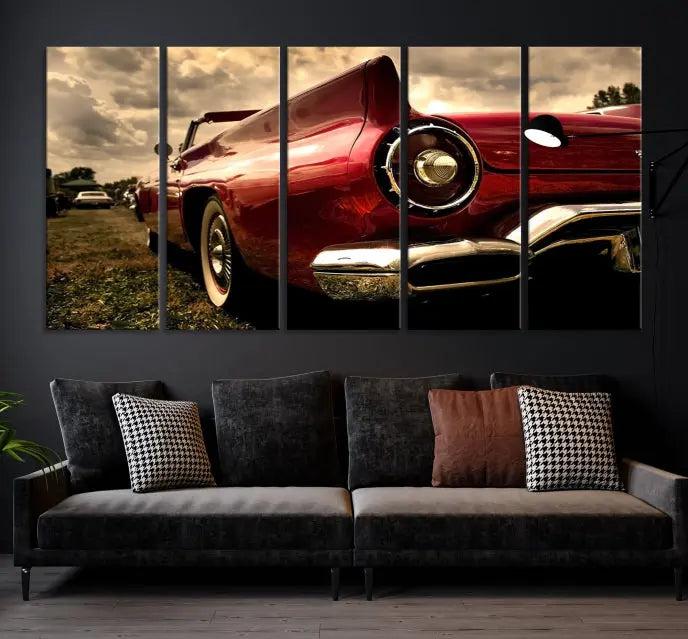 A Chevrolet CarWall Art Canvas Print depicting a classic red car is elegantly displayed, showcasing museum-quality canvas for a premium appeal.