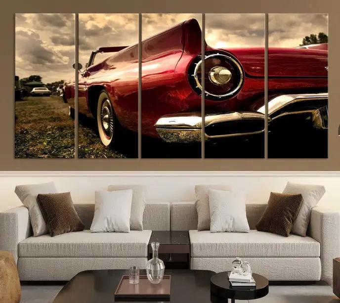 A Chevrolet CarWall Art Canvas Print depicting a classic red car is elegantly displayed, showcasing museum-quality canvas for a premium appeal.