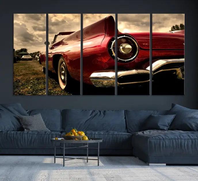 A Chevrolet CarWall Art Canvas Print depicting a classic red car is elegantly displayed, showcasing museum-quality canvas for a premium appeal.