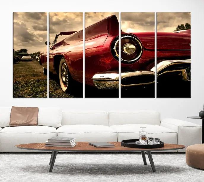 A Chevrolet CarWall Art Canvas Print depicting a classic red car is elegantly displayed, showcasing museum-quality canvas for a premium appeal.