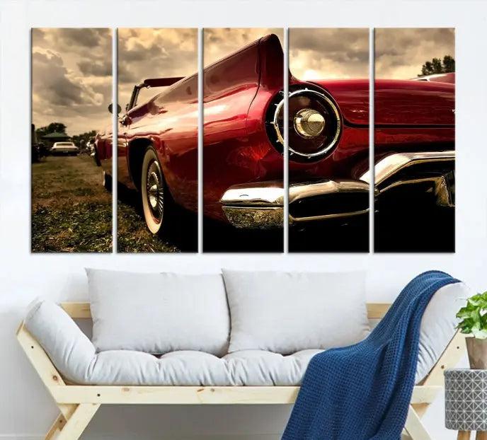 A Chevrolet CarWall Art Canvas Print depicting a classic red car is elegantly displayed, showcasing museum-quality canvas for a premium appeal.