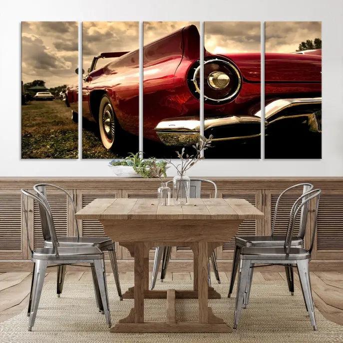 A Chevrolet CarWall Art Canvas Print depicting a classic red car is elegantly displayed, showcasing museum-quality canvas for a premium appeal.