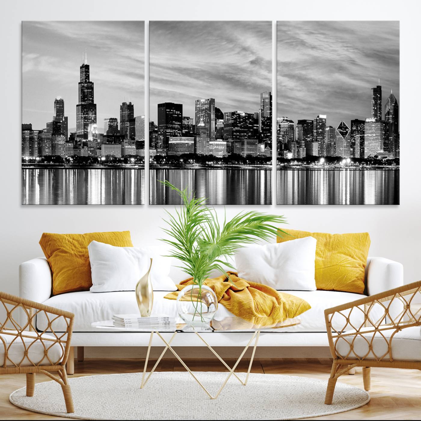 Chicago City Cloudy Skyline Black and White Wall Art Cityscape, Chicago Wall Art Canvas Print
