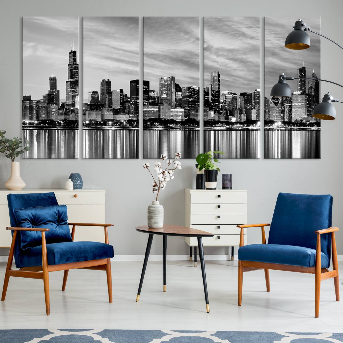 Chicago City Cloudy Skyline Black and White Wall Art Cityscape, Chicago Wall Art Canvas Print
