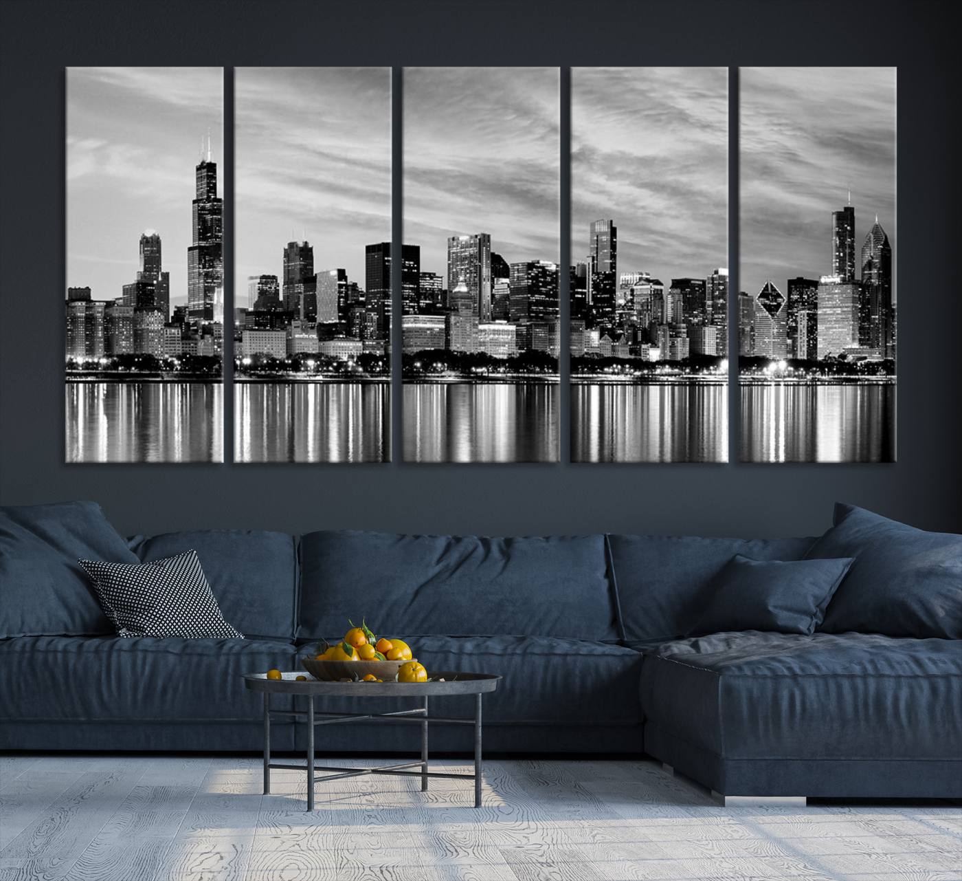 36818-MGV-CV-36X24-Chicago City Cloudy Skyline Black and White Wall Art Cityscape, Chicago Wall Art Canvas Print