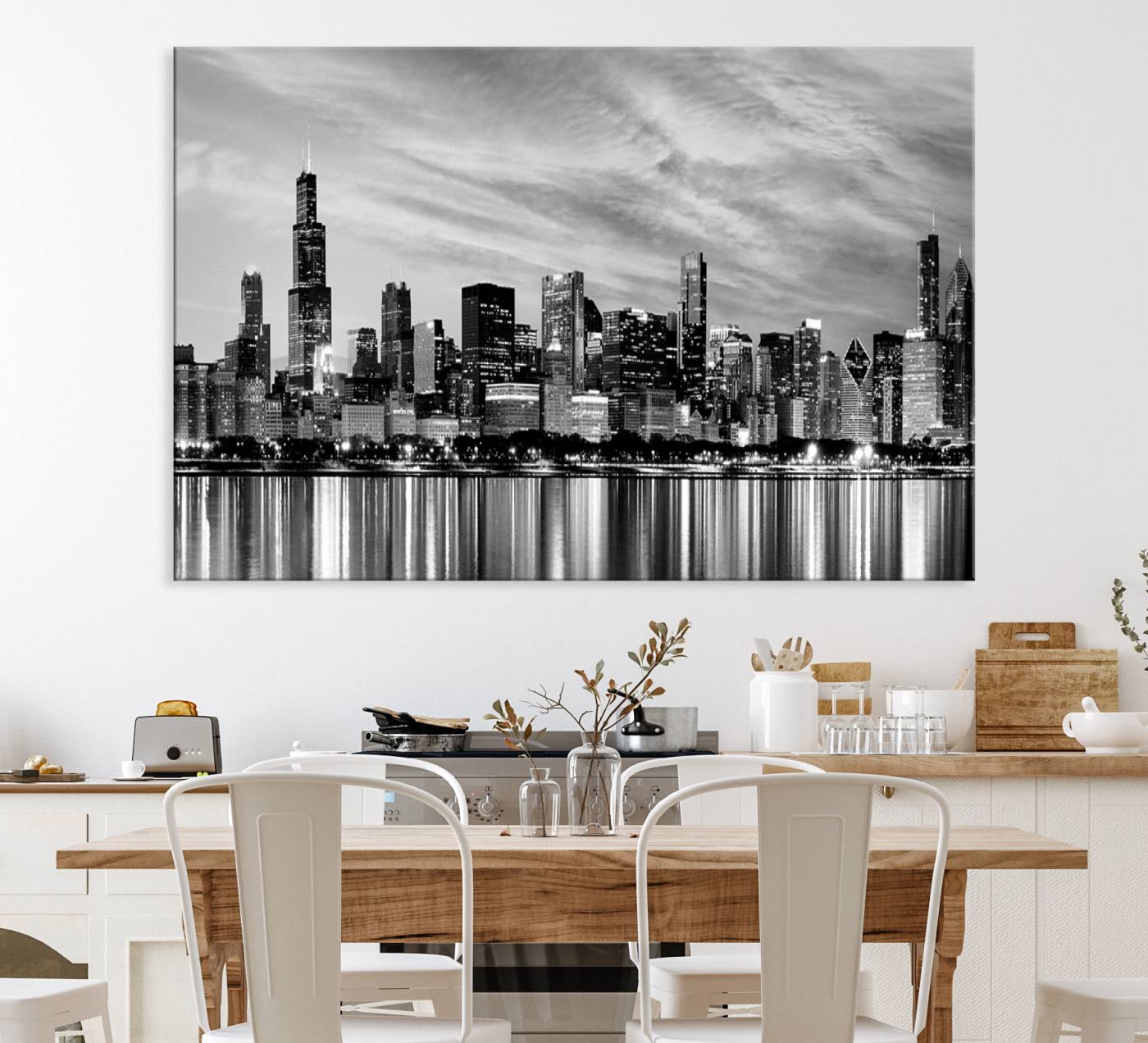 36818-MGV-CV-36X24-Chicago City Cloudy Skyline Black and White Wall Art Cityscape, Chicago Wall Art Canvas Print