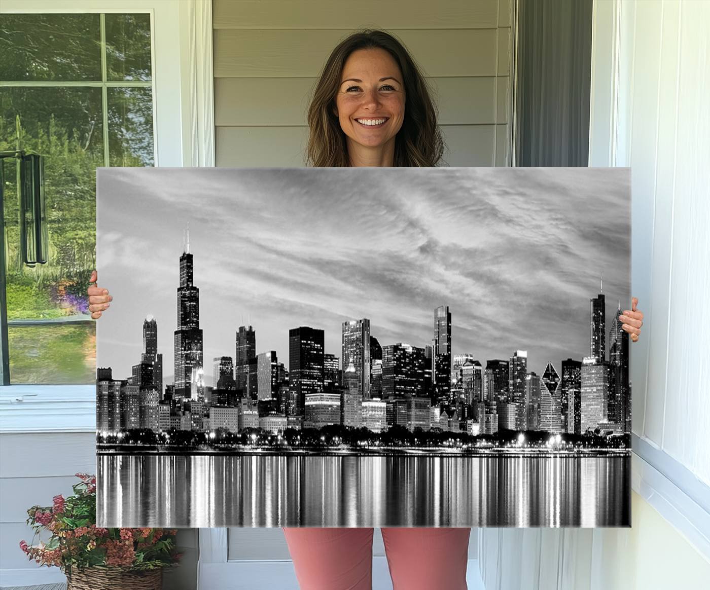 36818-MGV-CV-36X24-Chicago City Cloudy Skyline Black and White Wall Art Cityscape, Chicago Wall Art Canvas Print