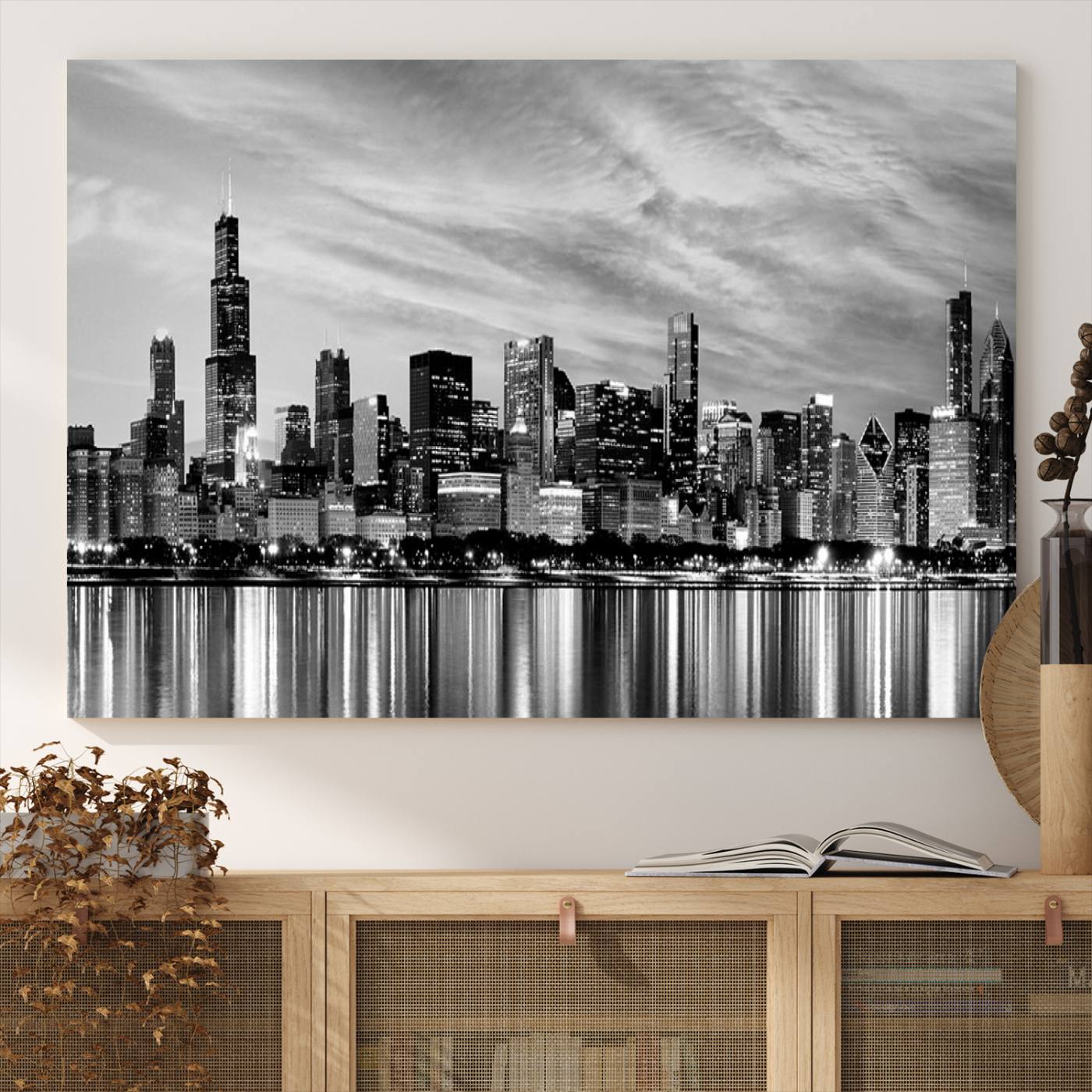 Chicago City Cloudy Skyline Black and White Wall Art Cityscape, Chicago Wall Art Canvas Print