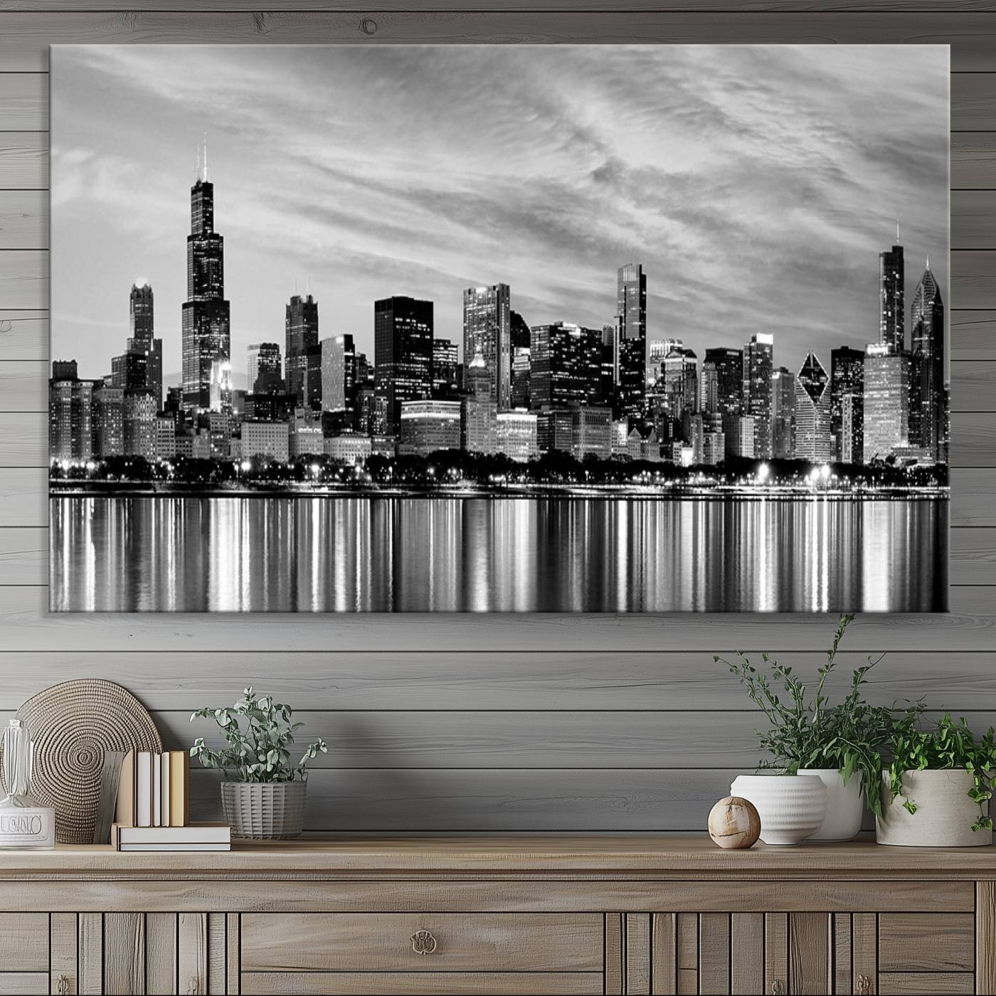 Chicago City Cloudy Skyline Black and White Wall Art Cityscape, Chicago Wall Art Canvas Print